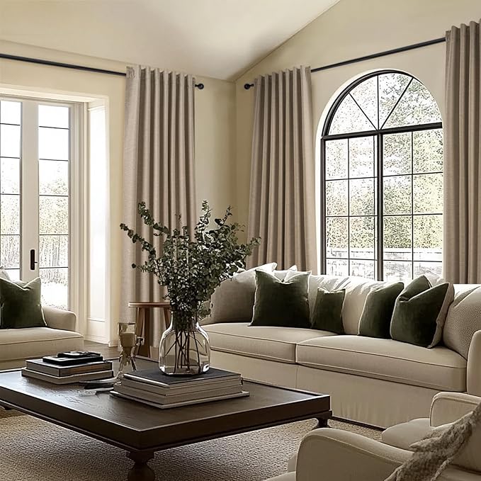 Topfinel Taupe Burlap Linen Blackout Curtains 63 Inches Long 2 Panels for Small Window Boho Farmhouse Linen Blend Texture Insulated Hook Belt Back Tab Pocket Pleated Drapes Fall Home Decor(W52 x L63)