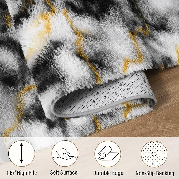 LOCHAS Ultra Soft Indoor Modern Area Rugs Fluffy Living Room Carpets for Children Bedroom Home Decor Nursery Rug 5x8 Feet, Grey-Gold