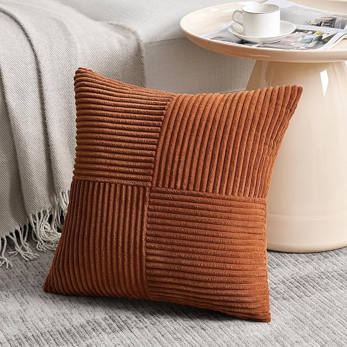 Fancy Homi 2 Packs Rust Samll Decorative Throw Pillow Covers 12x12 Inch with for Living Room Couch Bed, Farmhouse Boho Home Decor, Soft Corss Patchwork Corduroy Square Terracotta Cushion Case 30x30 cm