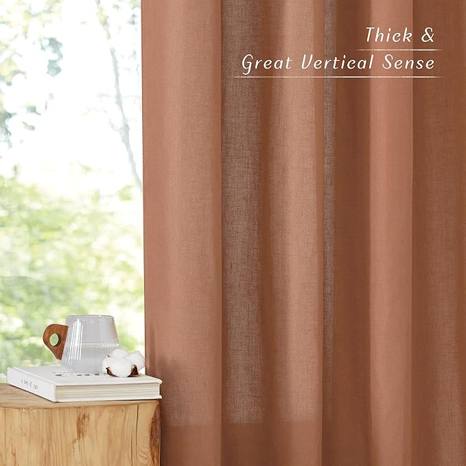 NICETOWN Caramel Linen Curtains for Kitchen, Thick Flax Small Window Treatments Semi Sheer Privacy Assured with Light Through for Cafe/Bathroom, W34 x L36, 2 Panels