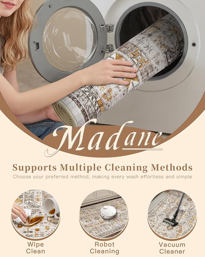 Madane Area Rug 3x5, Washable Entryway Rugs Printed Vintage Rugs for Bedroom Non Slip Indoor Kitchen Runner for Living Room Laundry Room Playroom Soft Non-Slip Floor Carpets, Brown/Gold