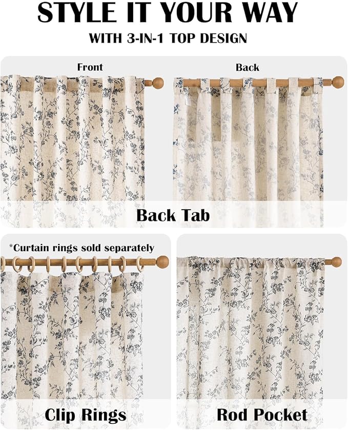 Lazzzy Farmhouse Linen Curtains Black Floral Curtains 90 Inch Length Back Tab Drapes for Living Room Bedroom Light Filtering Country Vintage Rod Pocket, 2 Panels, Black on Beige