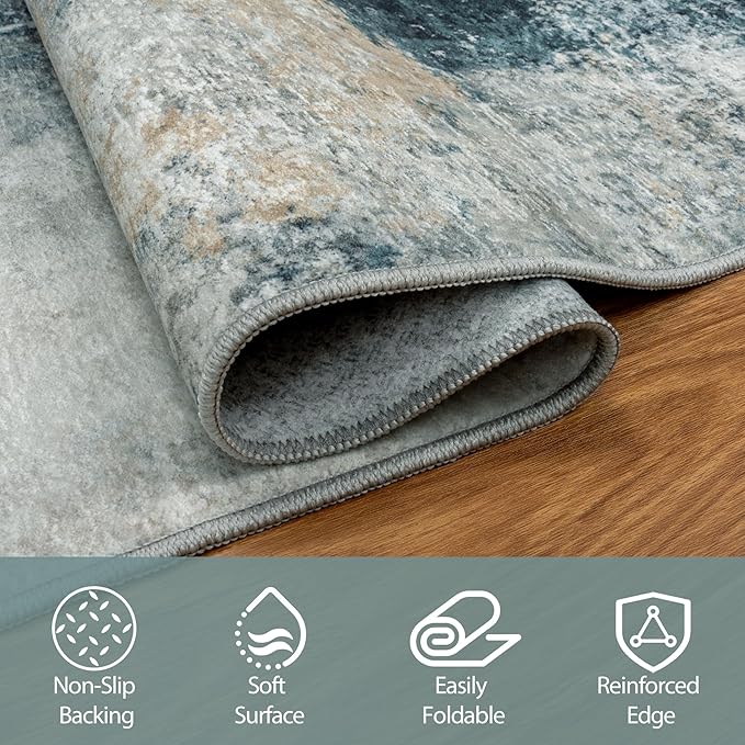 5x7 Area Rugs for Living Room Rug Washable: Abstract Rug for Dining Room Bedroom Carpet Non Slip 5 by 7 Indoor Modern Nursery Home Office Teal Grey Gold