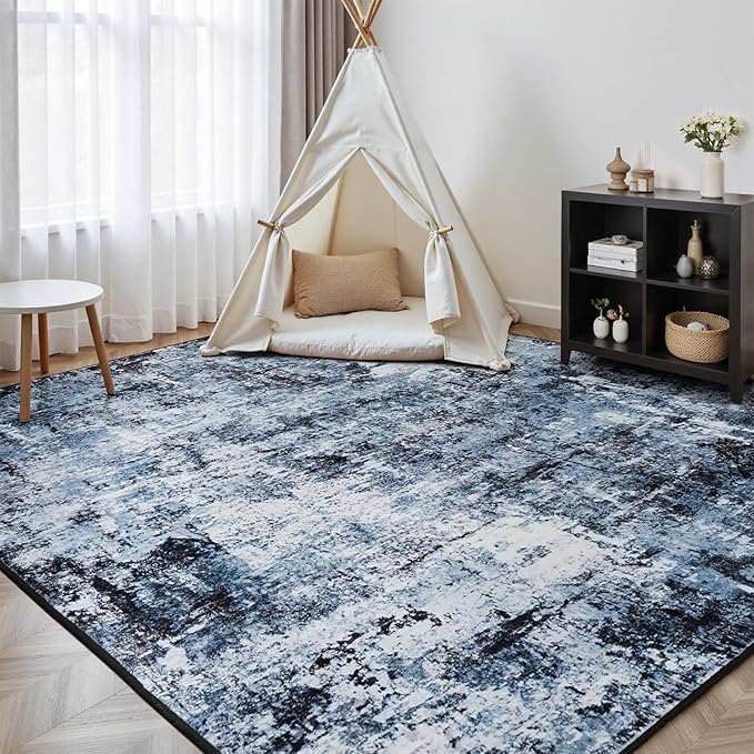 Rugflix 9x12 Area Rugs for Living Room, Washable Large Rug Stain-Resistant Low Pile, Modern Dark Carpet for Dining Room Home Office Kid Room Nursery Bedroom, Navy Blue/Black