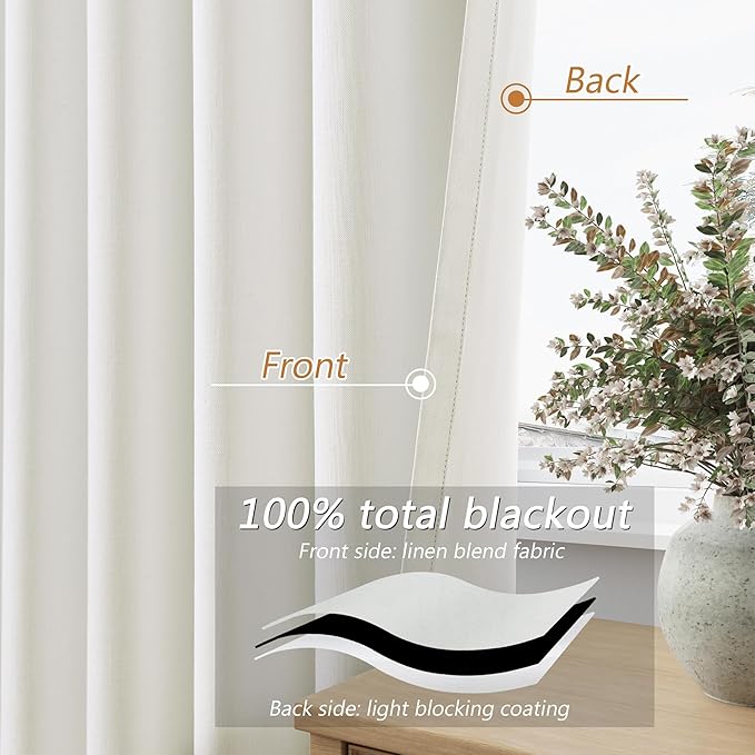 Guken 100% Blackout Linen Curtains 42 Inch Wide by 108 Inch 2 Panels Set for Living Room Bedroom Back Tab Thermal Insulated Black Out Linen Drapes Room Darkening Window Curtains, Ivory