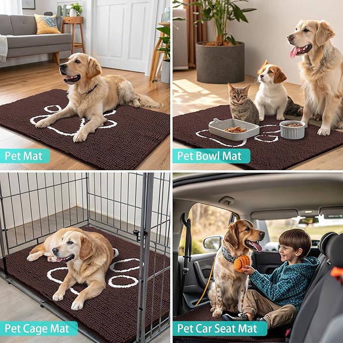 Smiry Dog Door Mat for Muddy Paws, Absorbent Dirt Trapper Non Slip Quick Dry Washable Chenille Mat for Mud Dogs, Entry Rug for Indoor and Outdoor (47x24 Inches, Brown and White)