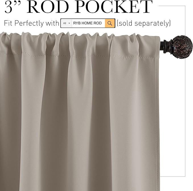 RYB HOME Blackout Cafe Curtains 30 inch Length, Short Light UV Heat Blocking Energy Saving Privacy Curtain Tiers for Basement Bathroom Kitchen Window, Width 29 by Length 30, Sand, 2 Panels