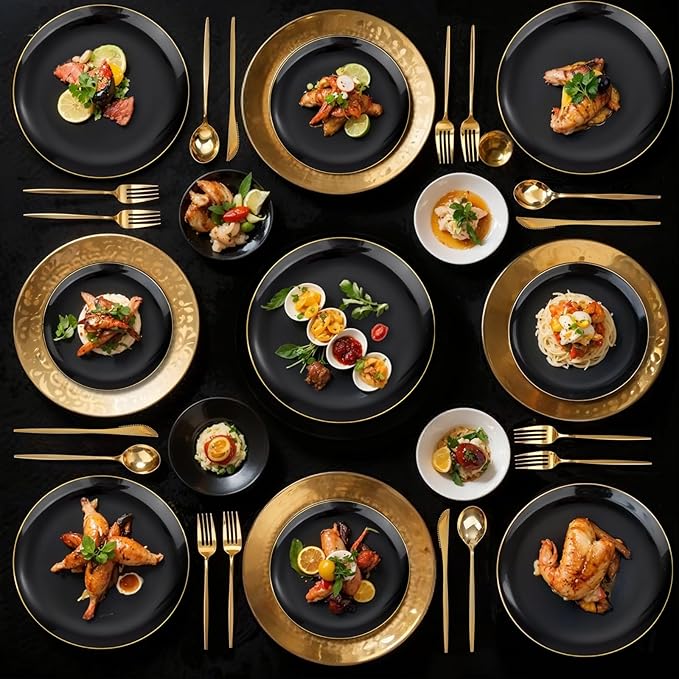 bUCLA 150PCS Black and Gold Plastic Plates - Black Gold Plastic Dinnerware Set Disposable - Include 25 Dinner / 25 Dessert Plates, 25 Knives, 25 Forks, 25 Spoons, 25 Cups, Ideal for Party & New Year