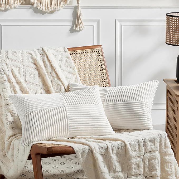 Fancy Homi 2 Packs Cream White Lumbar Decorative Throw Pillow Covers 20x28 Inch for Couch Bed Sofa, Rustic Farmhouse Boho Home Decor, Soft Striped Corduroy Rectangle Accent Cushion Case 50x70 cm