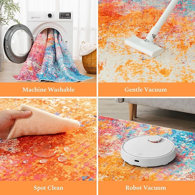 Rugflix 9x12 Area Rugs for Living Room, Washable Large Multicolor Rug Stain-Resistant Low Pile, Modern Carpet for Dining Room Home Office Kid Room Nursery Bedroom, Colorful Rainbow