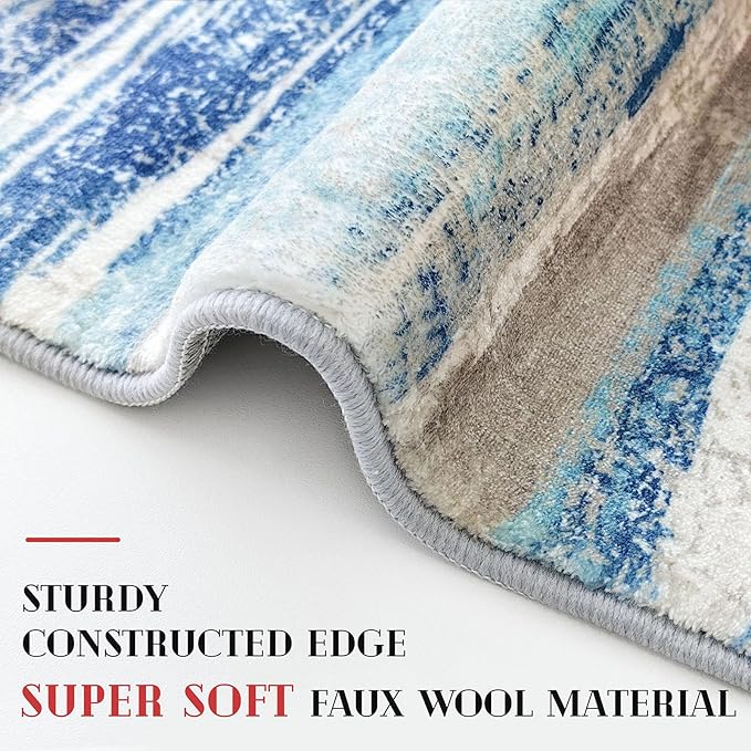 Lansny Modern Abstract 4x6 Living Room Washable Rug Non-Slip Soft Bedroom Area Rug Blue Thin Print Faux Wool Floor Carpet Throw Rugs for Nursery Playroom Dining Room Indoor Office Home Decor