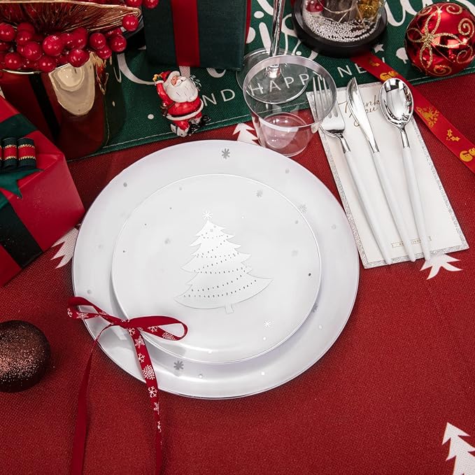 bUCLA 150PCS Christmas White and Silver Plastic Plates for 25 Guests - Include 25 Each (Dinner & Dessert) Plates, 25 Cups, 25 Knives, 25 Forks, 25 Spoons