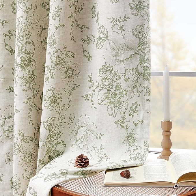 jinchan Blackout Floral Curtains for Living Room Bedroom Linen Blend Curtain Farmhouse Green Printed with Lined Back Tab Rod Pocket Drapes Window Treatments 2 Panels 96 Inch