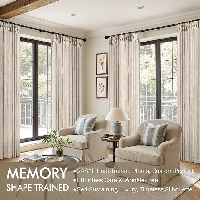 MIULEE Pinch Pleated Thick Linen Curtains 96 Inches Long 2 Panels for Living Room Bedroom, Memory Trained Drapes Pinch Pleat Back Tab Semi Sheer Privacy Neutral Ivory Cream Farmhouse Window Curtains