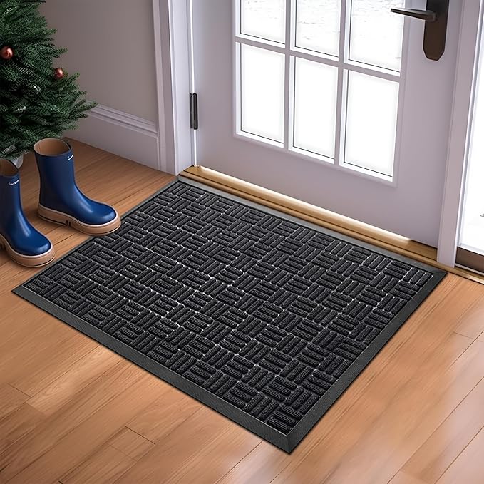Mibao Front Door Mat, Heavy Duty Durable Welcome Mat for Outdoor Indoor, Dirt Trapper Waterproof Super Absorbent Door Mat for Entryway Outside Patio Porch, 35.5" x 24", Black