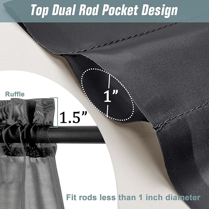 Black Small Sheer Curtains 2 Panels Set, Kitchen Curtains 36 Inch Length, Elegant Light Filtering Short Window Drapes for Living Room Bedroom, Dual Rod Pocket Design, 2x42Wx36L Inches