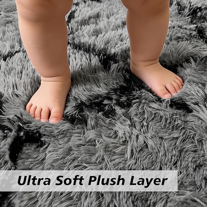 6x9 Fluffy Area Rugs for Living Room,Shag Area Rug for Bedroom,Geometric Soft Fuzzy Rug Non-Shedding Indoor Plush Carpet for Kids Bedroom Nursery Home Decor,Grey and Black