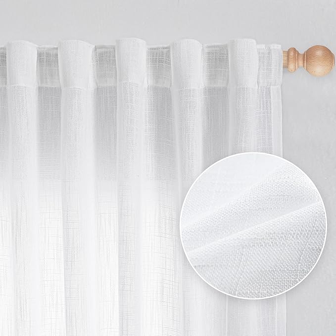 MYSKY HOME White Linen Sheer Curtains 63 inch length Light Filtering Semi Sheer Curtains for Bedroom Short Window Treatment Privacy Protect Drapes Set, Back Tab Boho Farmhouse Soft, 50" Wide, 2 Panels
