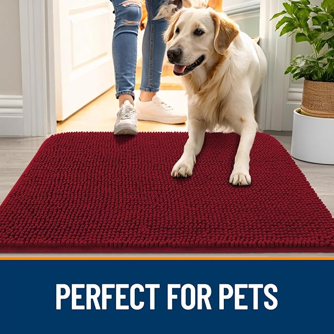 OLANLY Dog Door Mat for Muddy Paws 32x20, Absorbs Moisture and Dirt, Absorbent Non-Slip Washable Doormat, Quick Dry Chenille Mud Mat for Dogs, Entry Indoor Entryway Carpet for Inside Floor, Red
