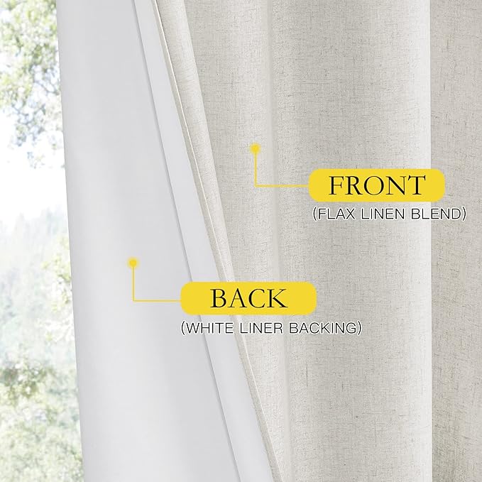 NICETOWN 100% Absolutely Blackout Linen Curtains with Thermal Insulated White Liner, Ivory, W52, 2 Pieces, Noise Reducing Textured Linen Look Curtains for Windows 120 inch Length for Classroom