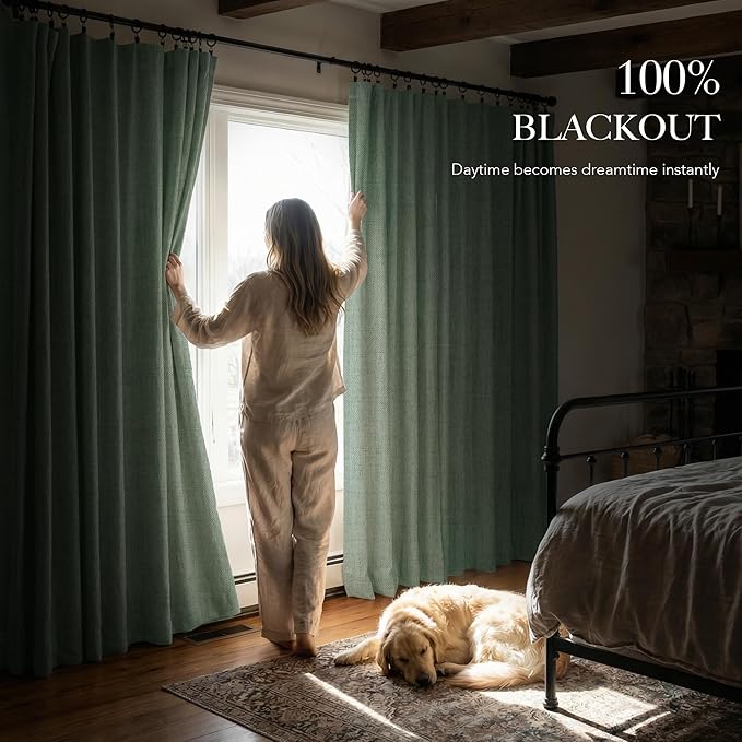 RYB HOME Sage Green 100% Blackout Curtains 102 inches Long, Thermal Insulated Linen Texture Drapes for Bedroom/Living Room, Elegant Farmhouse Curtains Back Tab&Rod Pocket, W52xL102, 2 Panels