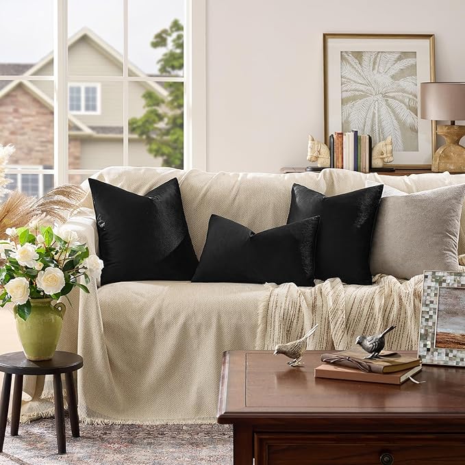 GIGIZAZA Black Velvet Pillow Covers 18x18,Decorative Square Throw Pillows Modern Covers Small Solid Living Room Pillow Cases for Couch Pack of 2