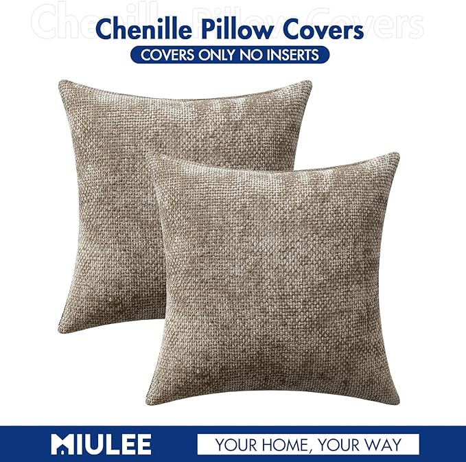 MIULEE Pack of 2 Couch Throw Pillow Covers 22x22 Inch Neutral Khaki Modern Boho Accent Decorative Pillow Covers Soft Chenille Farmhouse Cushion Covers for Home Decor Bed Sofa Living Room