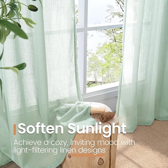 BGment Light Green Linen Semi Sheer Curtains 84 Inches Long for Living Room - Spring Boho Sage Drapes Light Filtering Window Treatments Decor with Rod Pocket for Dining Bedroom, 2 Panels, 52 X 84 Inch