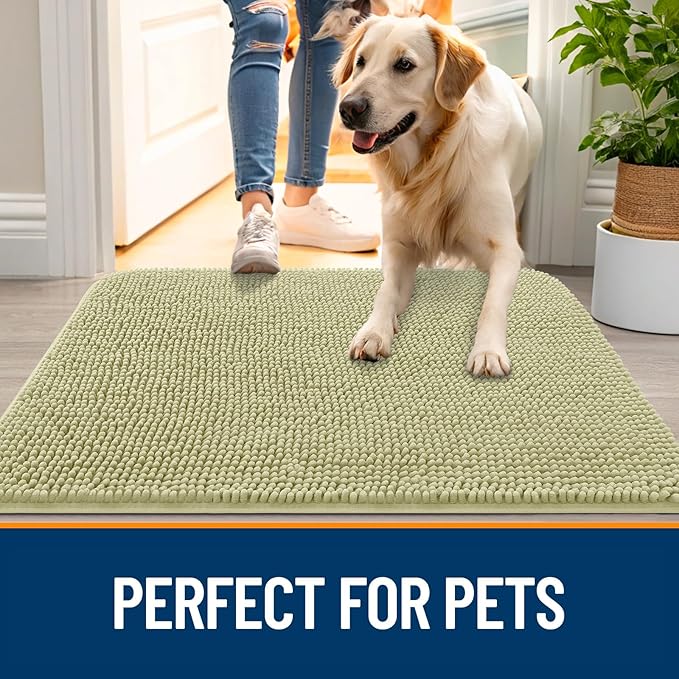 OLANLY Dog Door Mat for Muddy Paws 54x24, Absorbs Moisture and Dirt, Absorbent Non-Slip Washable Doormat, Quick Dry Chenille Mud Mat for Dogs, Entry Indoor Entryway Carpet for Inside Floor, Vanilla