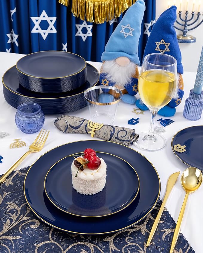 bUCLA 150PCS Blue and Gold Plastic Plates - 25 Guests Navy Blue Plastic Dinnerware Disposable for Party and Hanukkah - Include 25 Dinner/Dessert Plates, 25 Knives, 25 Forks, 25 Spoons, 25 Cups