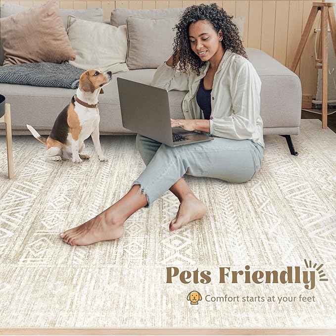Living Room Rugs 9x12: Washable Moroccan Geometric Boho Rug Farmhouse Non Slip Stain Resistant Large Rug Low Pile Soft Carpet for Bedroom Dining Room Kids Room (Ivory Beige,9'x12')