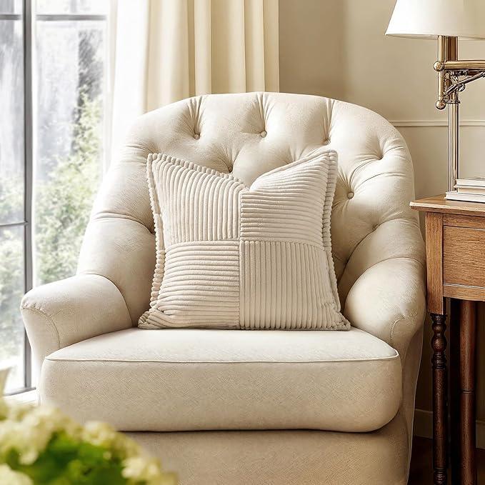 MIULEE Decorative Throw Pillow Covers for Couch Bed Livingroom 12x12 Inch Set of 2 Beige Boho Accent Throw Pllows Broadside Striped Patchwork Soft Corduroy Pillowcases