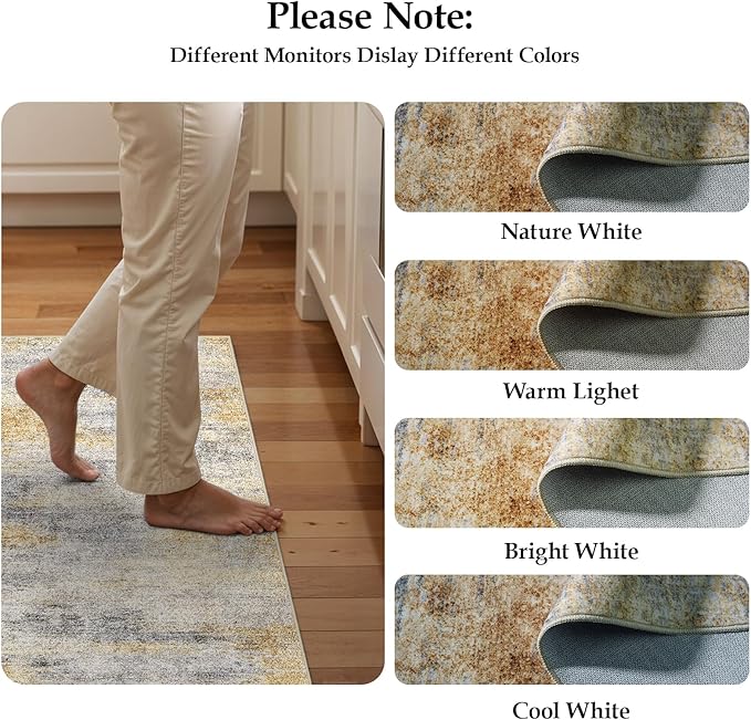 2'6''x8' Washable Kitchen Runner Rug: Modern Abstract Runners for Hallway Soft Non Slip Rugs with Rubber Backing Low Pile Thin Floor Carpet for Entryway Bedroom Bathroom Indoor(Grey/Yellow,2'6''x8')