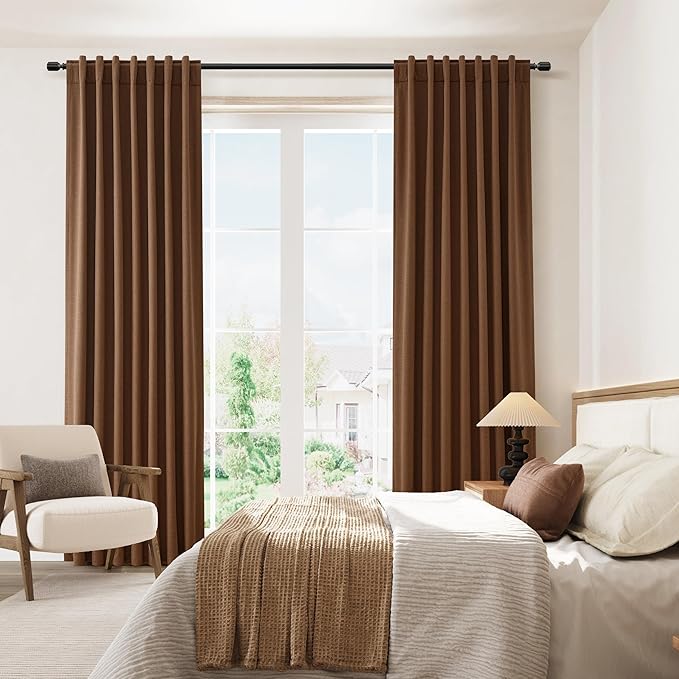 Guken Caramel Brown 100% Blackout Linen Curtains 96 Inch Length 2 Panels Set for Living Room Bedroom Back Tab/Rod Pocket Thermal Insulated Black Out Drapes Room Darkening Farmhouse Window Curtains