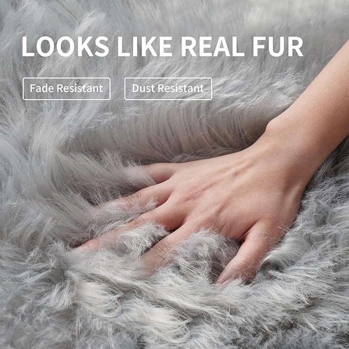 Faux Fur Rug for Bedroom, Gray Fluffy Rug Soft Sheepskin Runner Rug Sofa Couch Seat Cushion, 2x6ft Grey Plush Area Shag Rugs Floor Carpets for Nursery Bedside, Cute Shaggy Fuzzy Home Decor