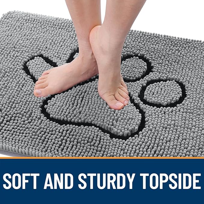 OLANLY Dog Door Mat for Muddy Paws 59x20, Paw Print Design, Absorbs Moisture and Dirt, Absorbent Non-Slip Washable Doormat, Quick Dry Chenille Mud Mat for Dogs, Entry Indoor Entryway Carpet, Grey