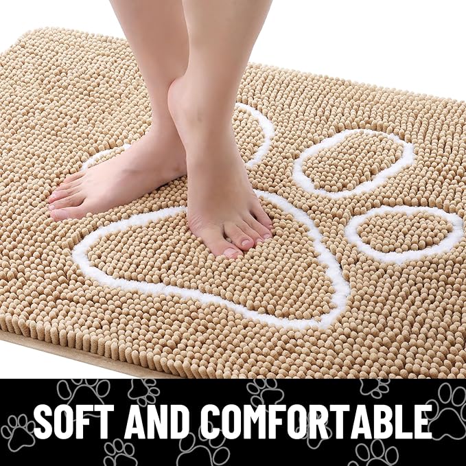 Smiry Dog Door Mat for Muddy Paws, Absorbent Dirt Trapper Non Slip Quick Dry Washable Chenille Mat for Mud Dogs, Entry Rug for Indoor and Outdoor (45x27 Inches, Beige and White)