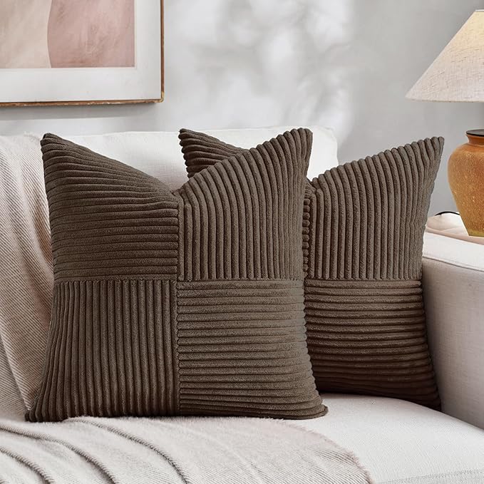 Fancy Homi 2 Packs Dark Brown Decorative Throw Pillow Covers 16x16 Inch for Living Room Couch Bed Sofa, Rustic Farmhouse Boho Home Decor, Soft Corss Patchwork Corduroy Textured Cushion Case 40x40 cm