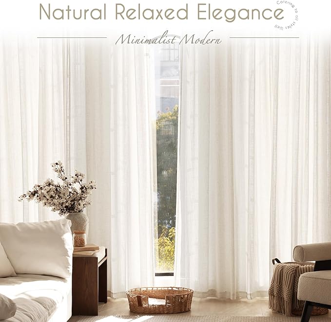 Extra Long 120 inch Curtains Linen Blend for Living Room Back Tab Neutral Rustic Farmhouse Light Filtering Semi Sheer Linen Drapes 120 inch Ceiling to Floor For Large Window Villa Hallway Ivory 10 FT