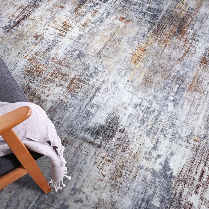 IOHOUZE Abstract Area Rug 4x6 Ft Washable Rugs for Entryway Indoor, Non Slip Small Living Room Rugs Printed Faux Wool Throw Rug, Floor Carpet for Kitchen Nursery Playroom, Orange Grey