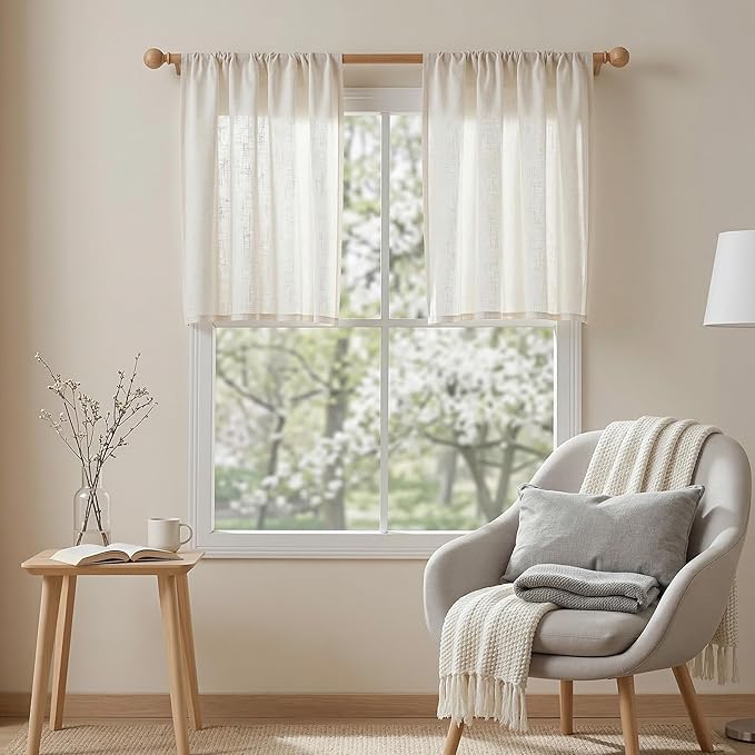 MYSKY HOME Natural Linen Curtains 30 Inches Long for Kitchen Window Semi Sheer Light Filtering Cafe Curtain Tiers Rod Pocket Short Country Decor Drapes for Basement/Small Window, 2 Panels, 34 x 30 in