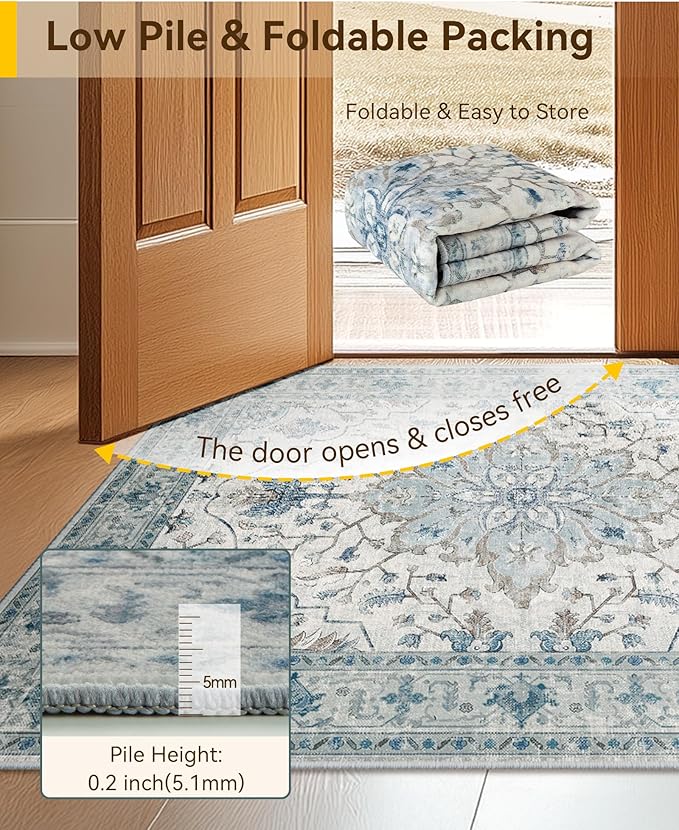 Area Rugs 2'x5' Runner Rug Non Slip Washable for Kitchen Hallway Bedroom Beside Laundry Room Bathroom Rug, Floor Carpet, Light Blue Navy Beige Gray White