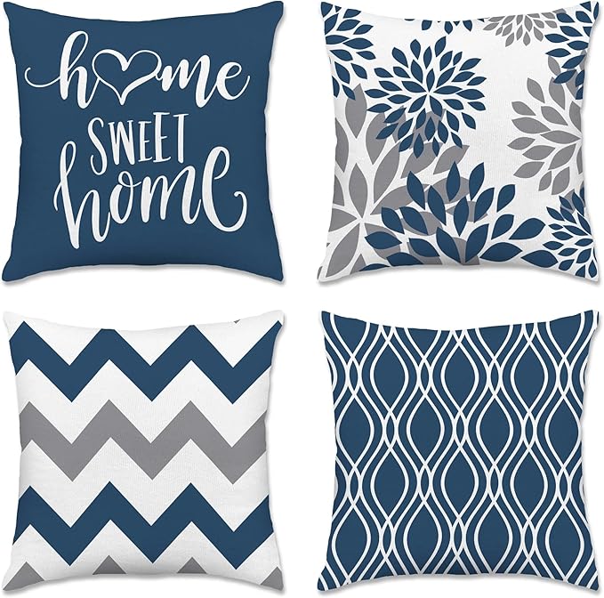 Hexagram Geometric Blue Pillow Covers 16x16 Set of 4, Decorative Outdoor Boho Modern Throw Pillow Covers, Home Sweet Home Farmhouse Cushion Case for Couch Sofa Bedroom Indoor Decor(No Insert)
