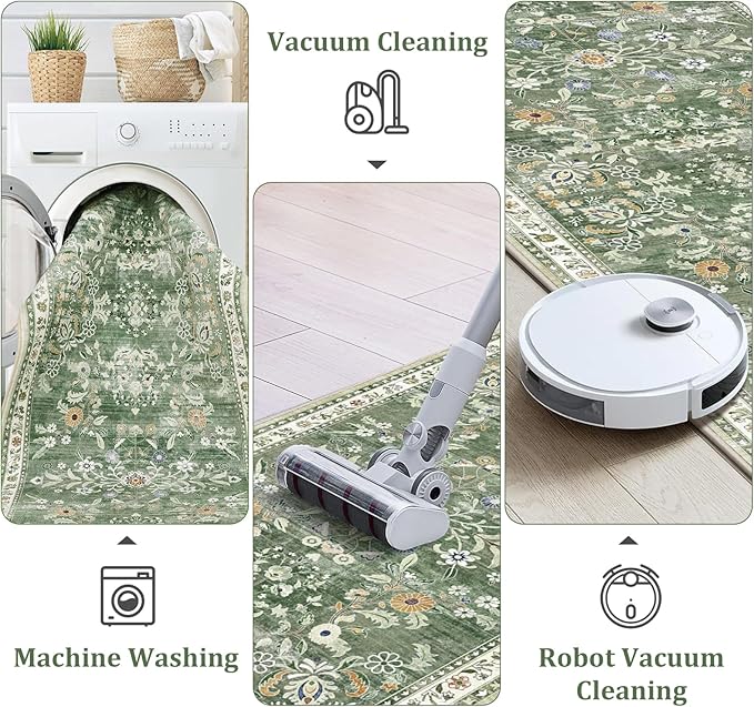 Yamaziot Washable Runner Rug 2x10 – Floral Non Slip Boho Hallway Runner Rug with Rubber Backing, Low Pile Faux Wool Distressed Carpet for Kitchen, Laundry, Bedroom, Entrance, Green