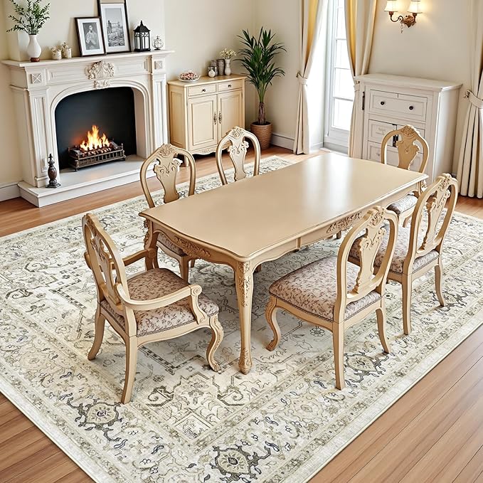 Lofus 6x9 Area Rugs for Living Room, Washable Area Rug, Rugs for Bedroom, Kitchen, Vintage Boho Carpet, Soft Non-Slip, Low Pile Large Area Rug for Office Dining Room, Beige and Brown