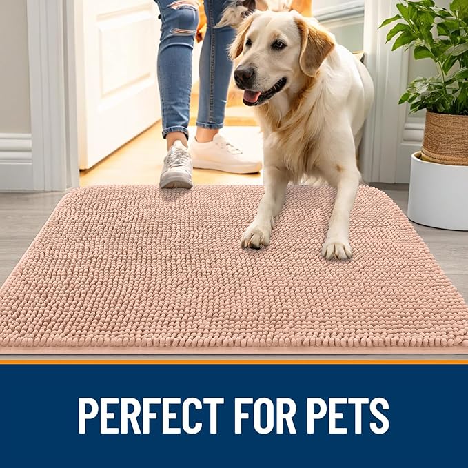 OLANLY Dog Door Mat for Muddy Paws 59x32, Absorbs Moisture and Dirt, Absorbent Non-Slip Washable Doormat, Quick Dry Chenille Mud Mat for Dogs, Entry Indoor Entryway Carpet for Inside Floor, Peach