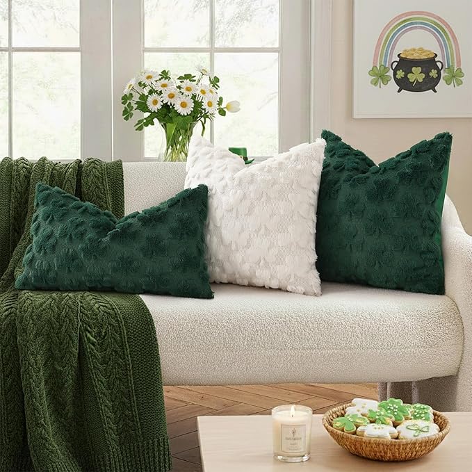 decorUhome St. Patrick’s Day Shamrock Green Pillow Covers 18x18 Inch Set of 2, Soft Plush Faux Wool Throw Pillow Covers, Farmhouse Spring Holiday Decor for Sofa Living Room