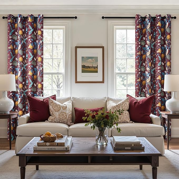 Topfinel Rust Boho Floral Curtains 72 Inches Long French Country Grommet Botanical Hummingbird Woodland Patterned Lemon Drapes for Bedroom Dining Living Room