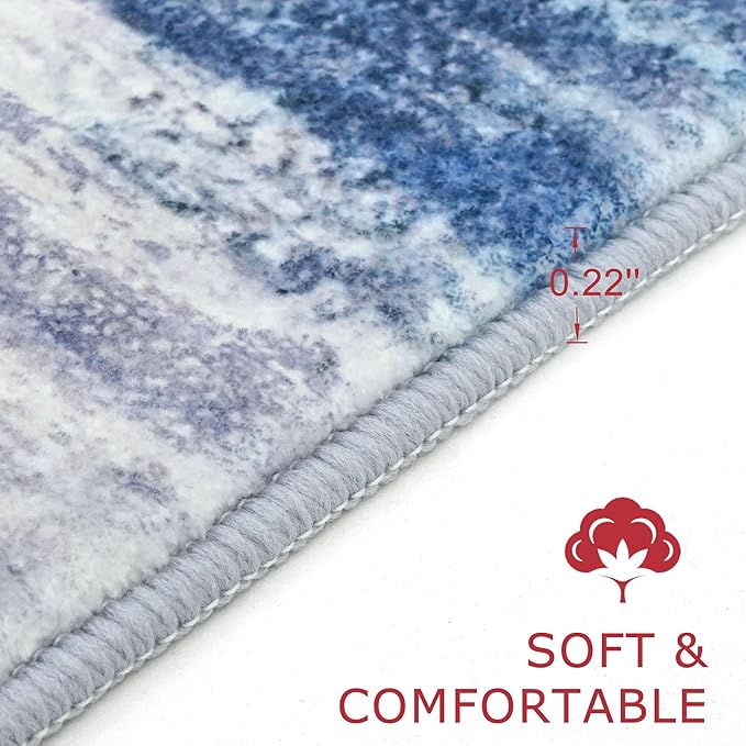 KOZYFLY Modern Abstract Washable Rug Runner 2.6x16 Hallway Rug Runner Non-Slip Soft Kitchen Runner Rugs, Blue/Grey/Beige Striped Carpet for Stair Entryway Bathroom Laundry Room Foyer