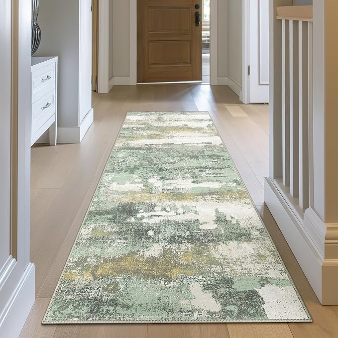 BEIMO Runner Rug for Hallway Kitchen, 2x8 Machine Washable Runners Rug for Entryway, Light Green Soft Modern Abstract Throw Rugs, Low Pile Floor Carpet with Non Slip Backing